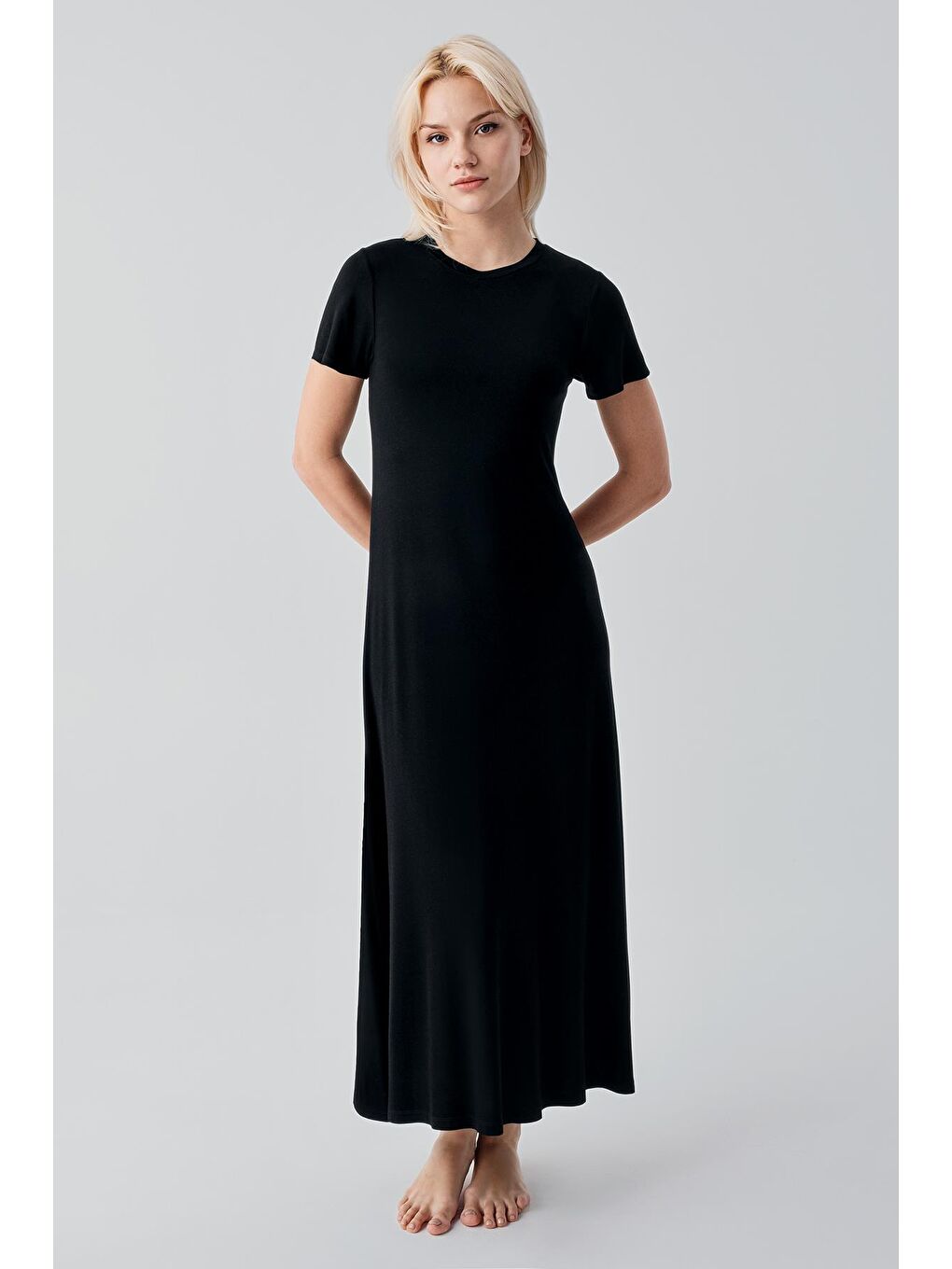 Siyah Kısa Kollu Uzun Basic Rahat Günlük Elastanlı Esnek Viskoz Soft Elbise 19110-1