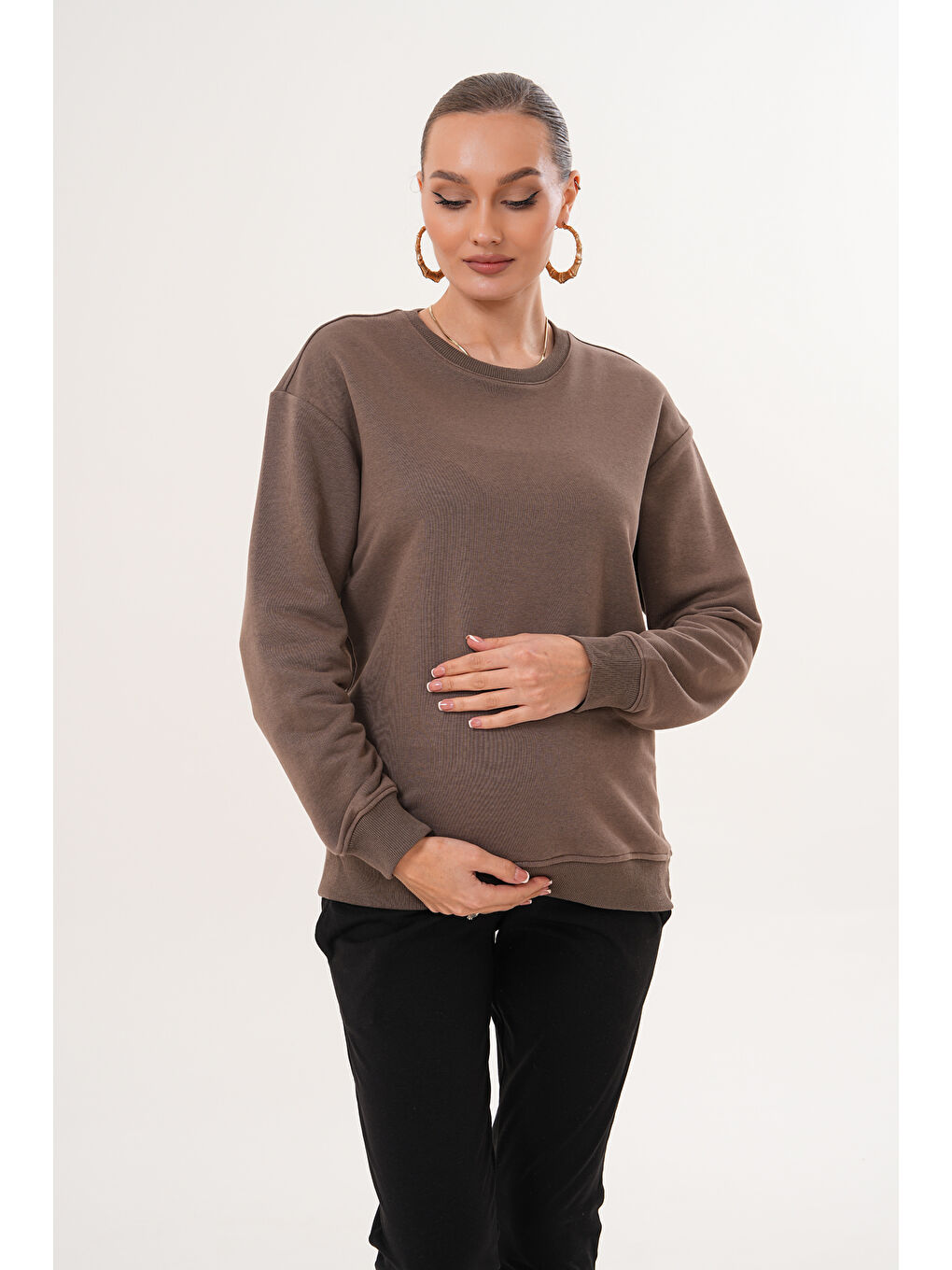 Kahverengi Bisiklet Yaka %100 Pamuk Hamile ve Lohusa Basic Sweatshirt-3