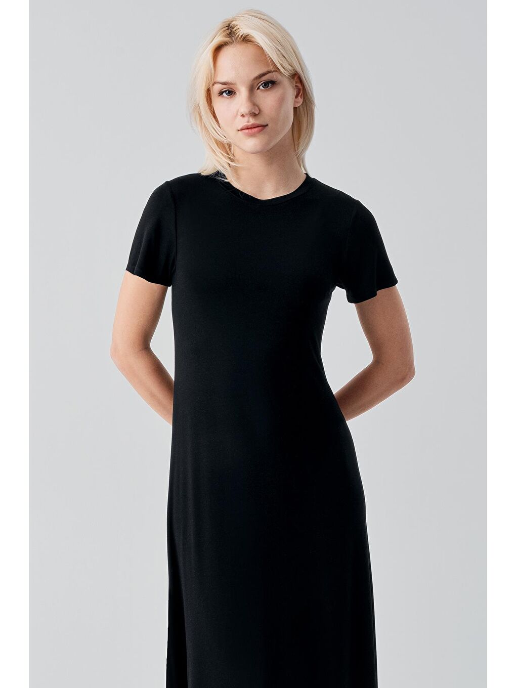 Siyah Kısa Kollu Uzun Basic Rahat Günlük Elastanlı Esnek Viskoz Soft Elbise 19110-2