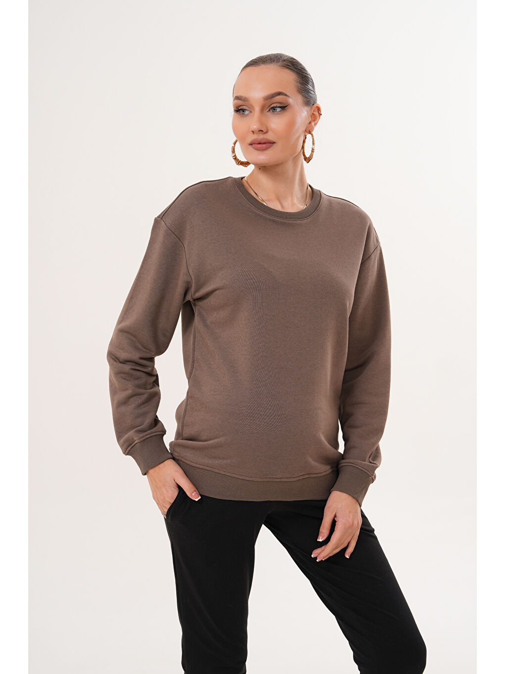 Kahverengi Bisiklet Yaka %100 Pamuk Hamile ve Lohusa Basic Sweatshirt-4