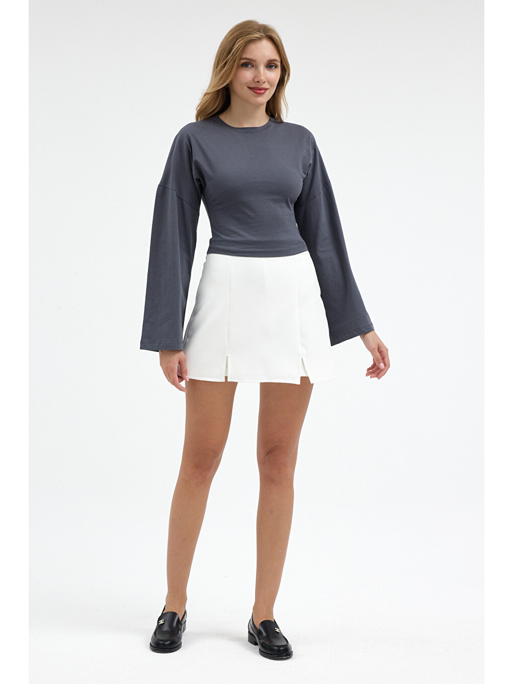 Gri Kadın Basic Geniş Kol Füme Crop Bluz-1