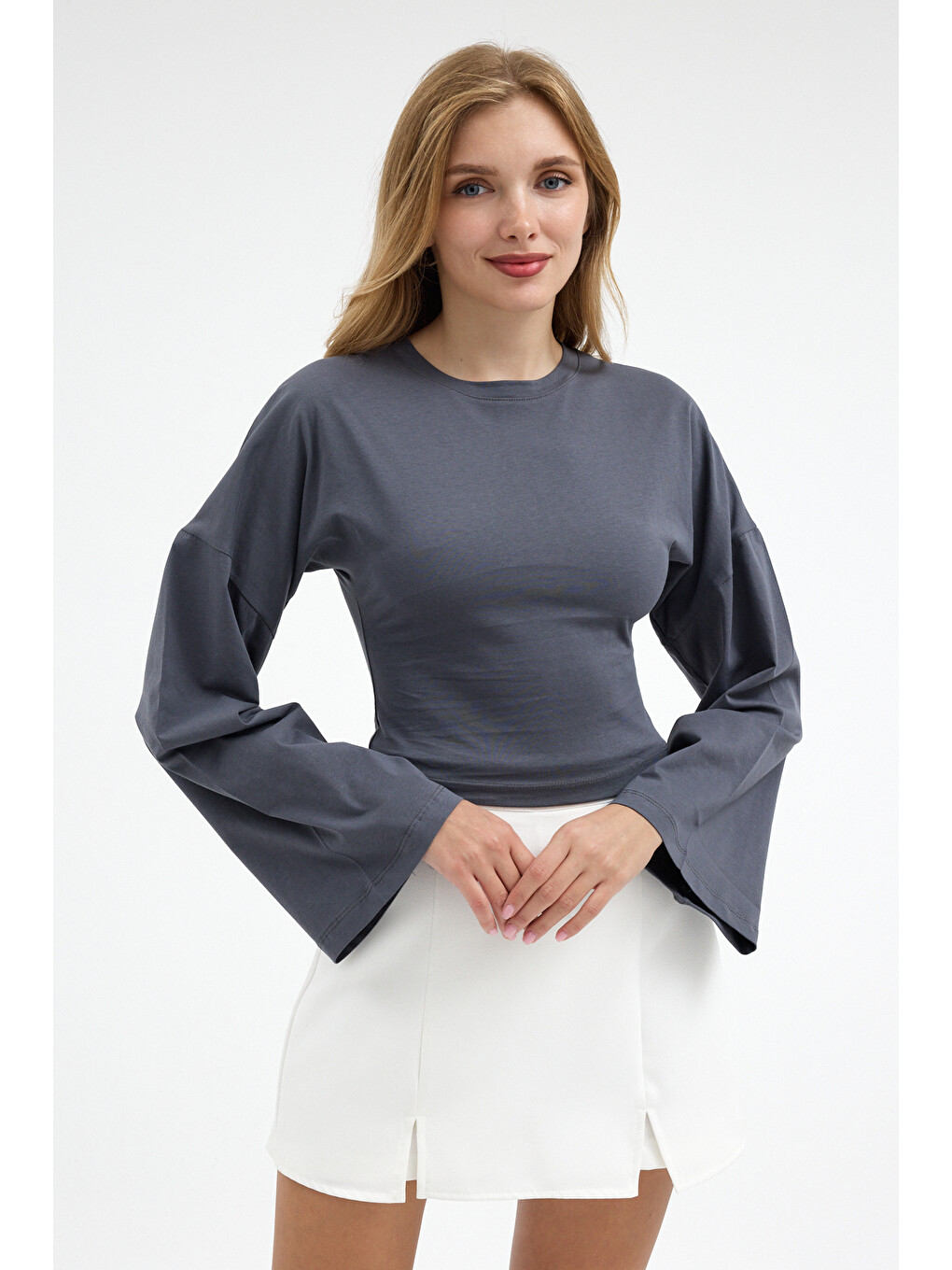 Gri Kadın Basic Geniş Kol Füme Crop Bluz-2