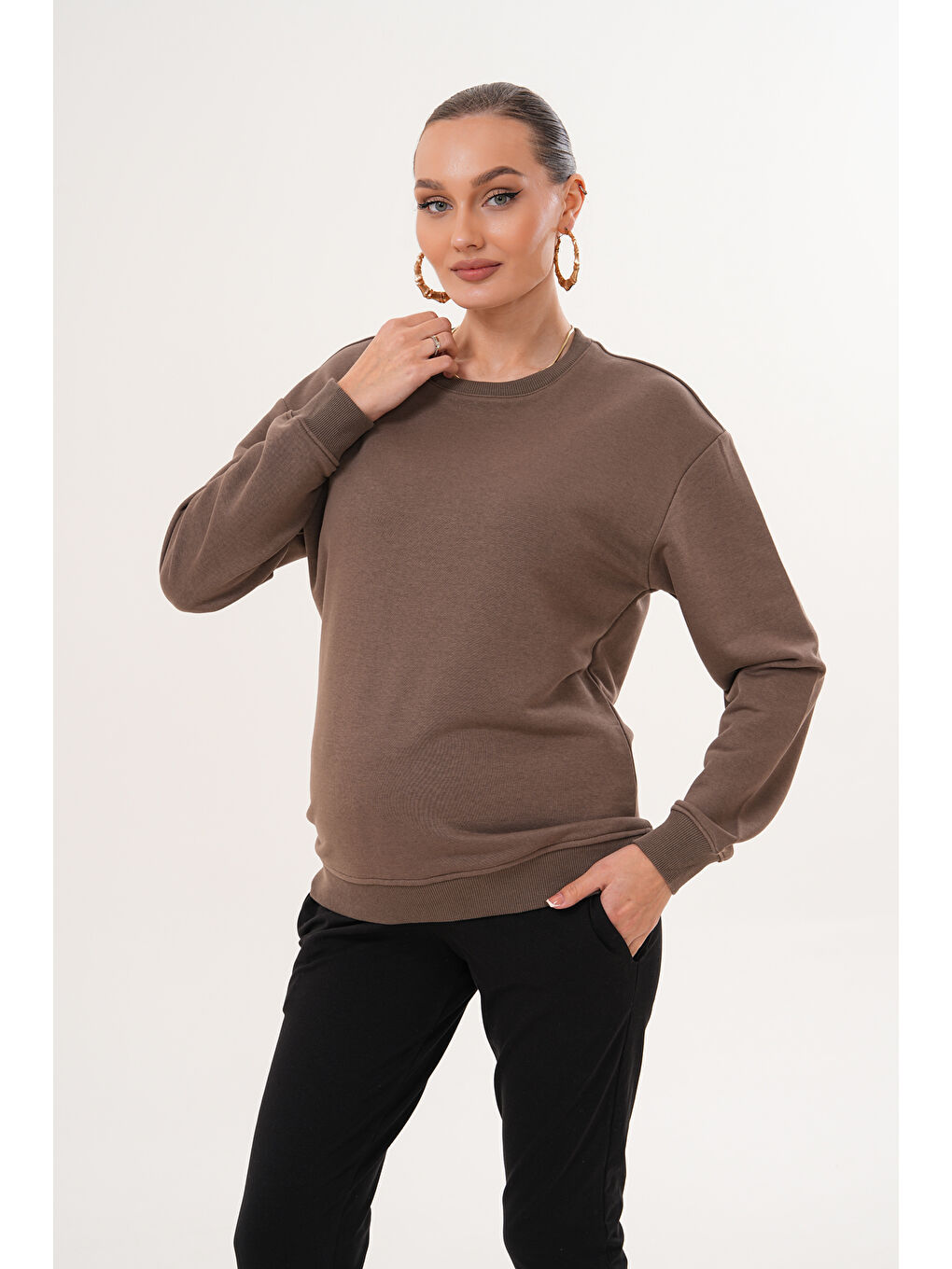 Kahverengi Bisiklet Yaka %100 Pamuk Hamile ve Lohusa Basic Sweatshirt-5