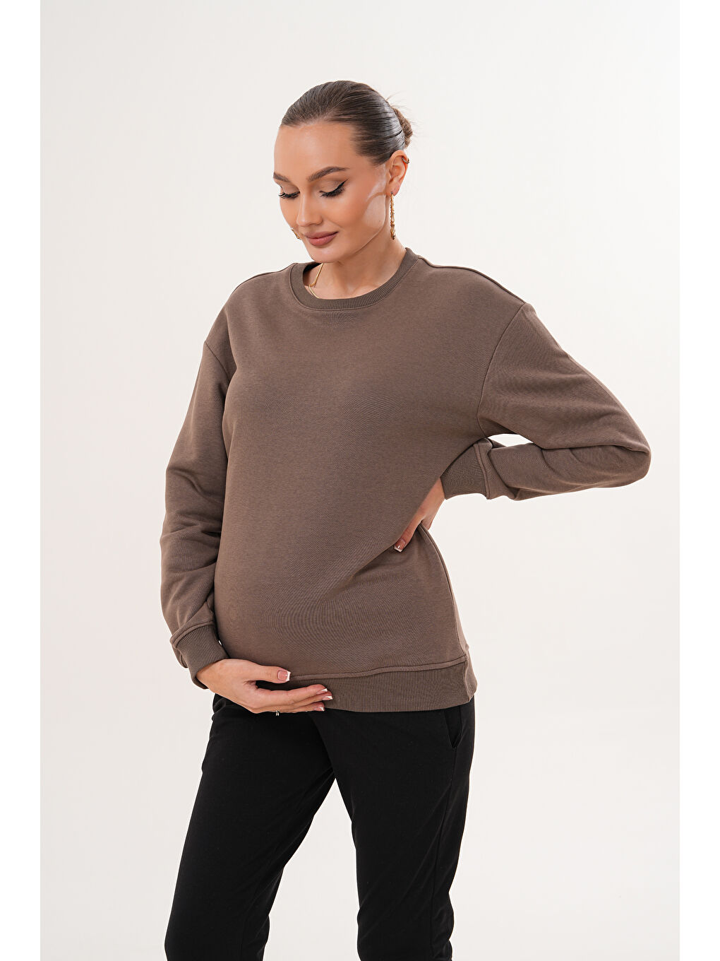 Kahverengi Bisiklet Yaka %100 Pamuk Hamile ve Lohusa Basic Sweatshirt-6