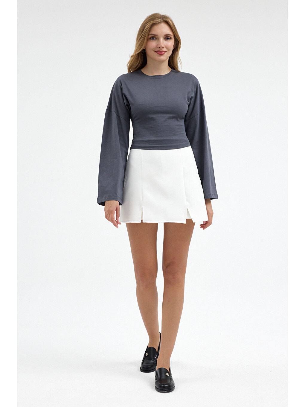 Gri Kadın Basic Geniş Kol Füme Crop Bluz-4