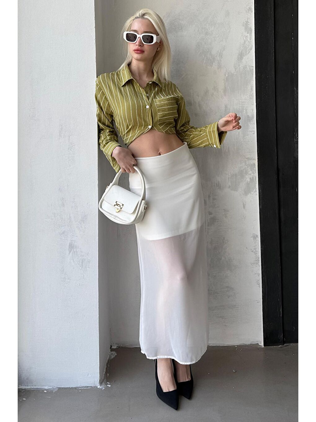 Beyaz Şifon Kadın Etek Mg2340