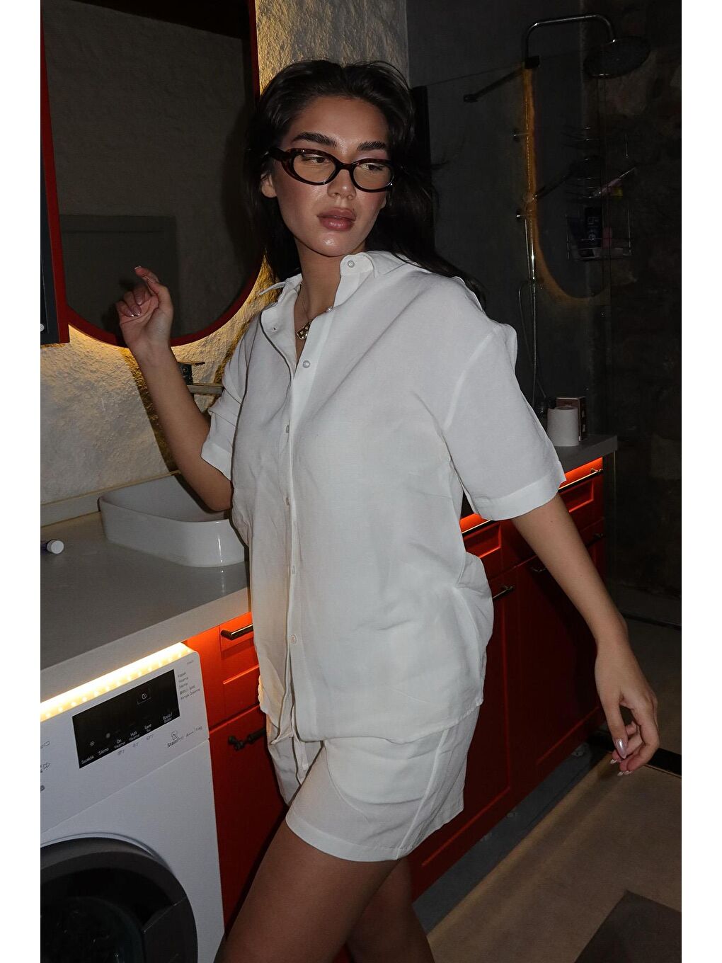 Beyaz Basic Kadın Şort Gömlek Takım Mg2361-1