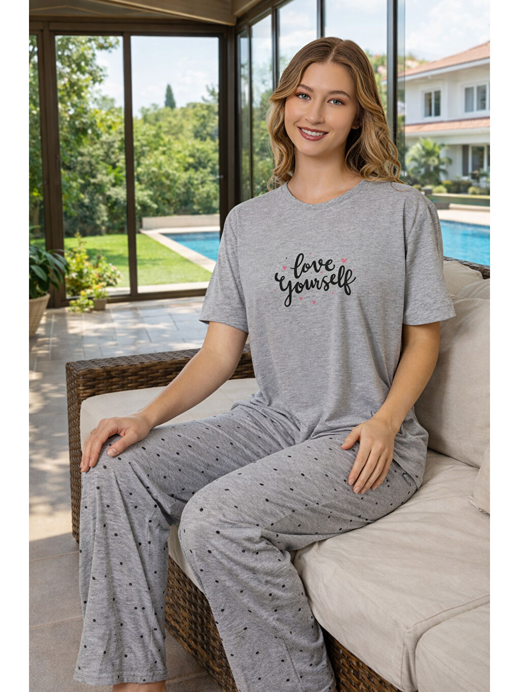 Kadın Desenli Kısa Kol Suprem Pijama Takımı 0626 Gri-3