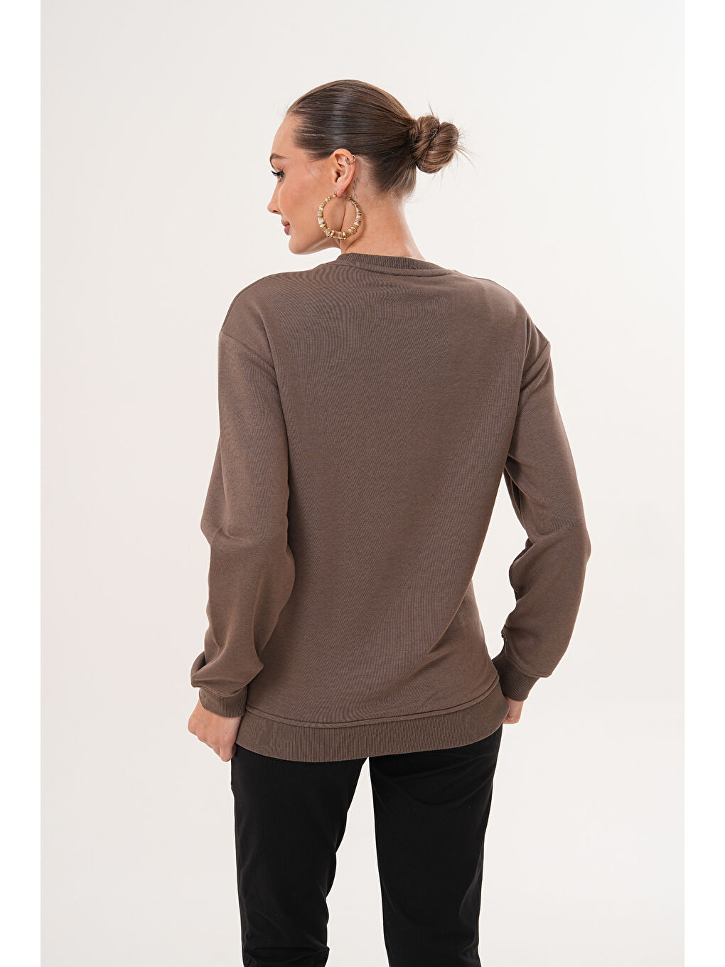 Kahverengi Bisiklet Yaka %100 Pamuk Hamile ve Lohusa Basic Sweatshirt-7