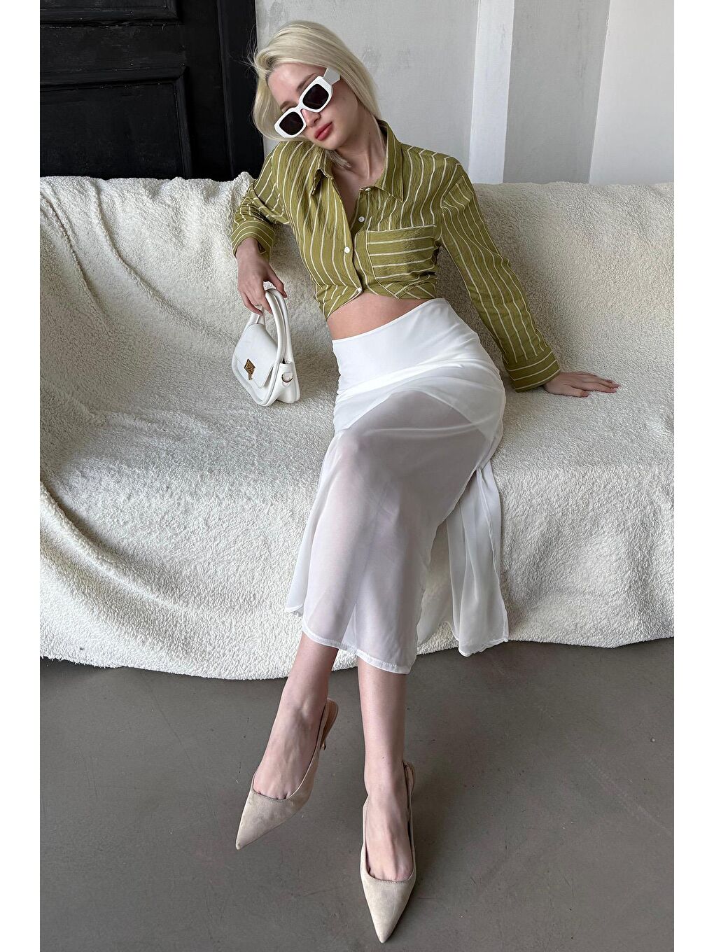 Beyaz Şifon Kadın Etek Mg2340-1