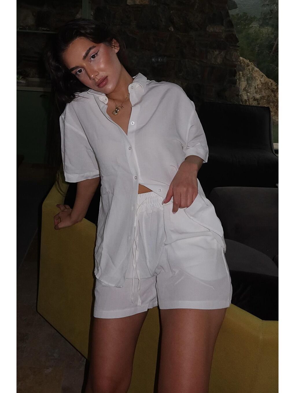 Beyaz Basic Kadın Şort Gömlek Takım Mg2361-2