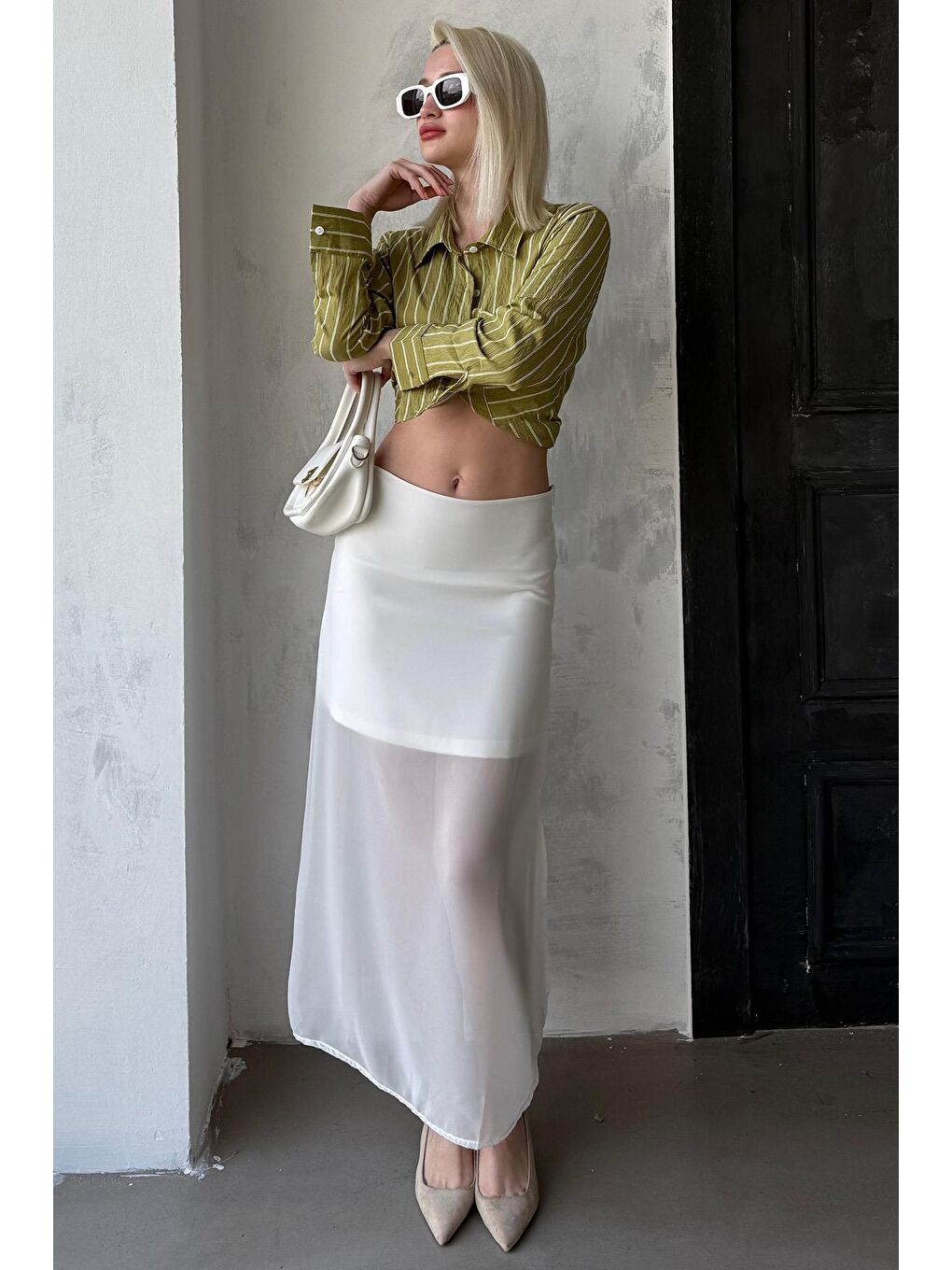 Beyaz Şifon Kadın Etek Mg2340-2