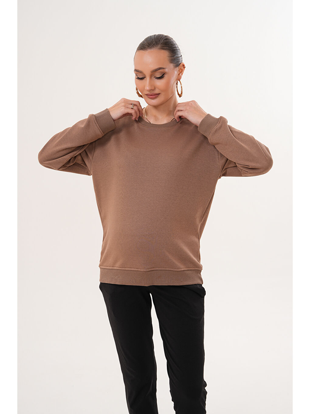 Kahverengi Bisiklet Yaka %100 Pamuk Hamile ve Lohusa Basic Sweatshirt-1