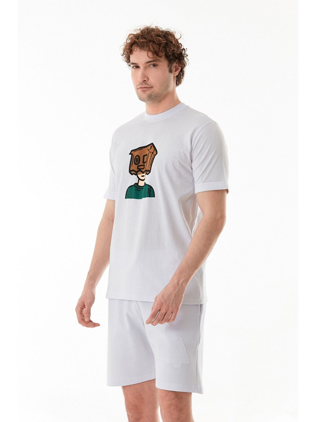 Beyaz Dijital Baskı Bisiklet Yaka Tişört