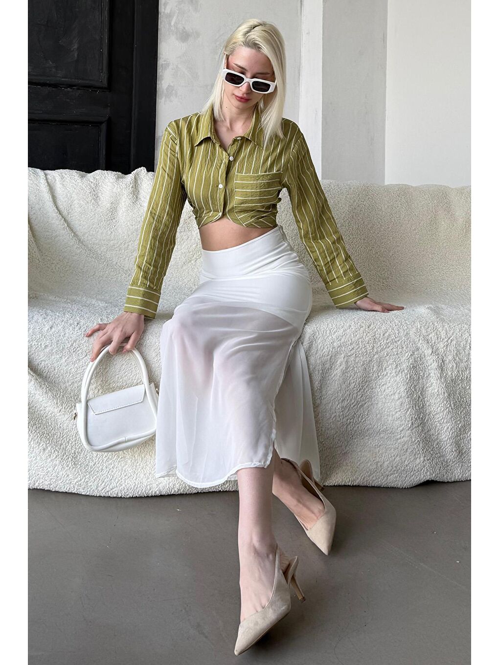 Beyaz Şifon Kadın Etek Mg2340-3