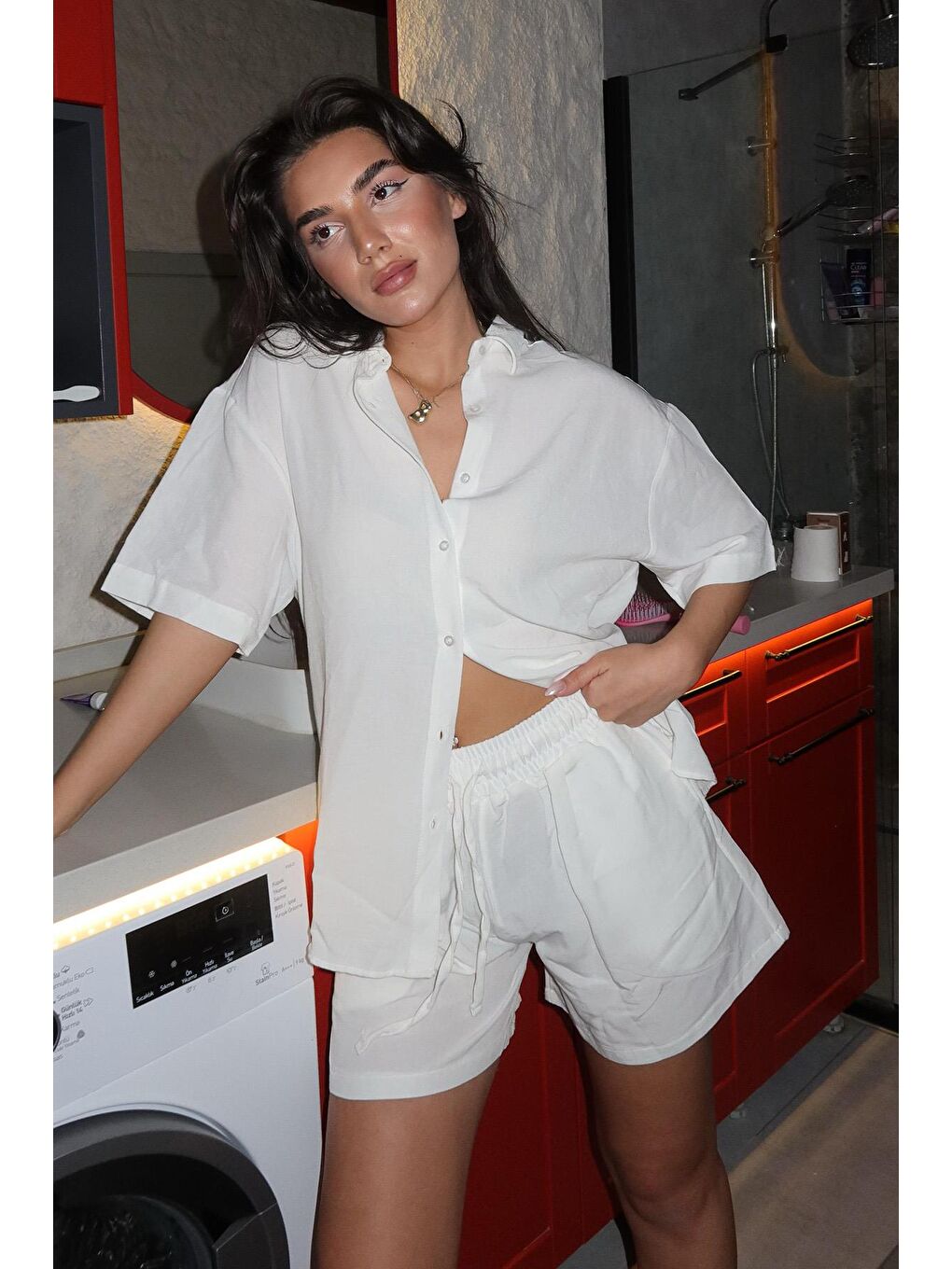 Beyaz Basic Kadın Şort Gömlek Takım Mg2361-3