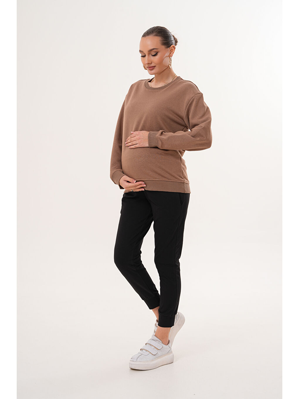 Kahverengi Bisiklet Yaka %100 Pamuk Hamile ve Lohusa Basic Sweatshirt-2