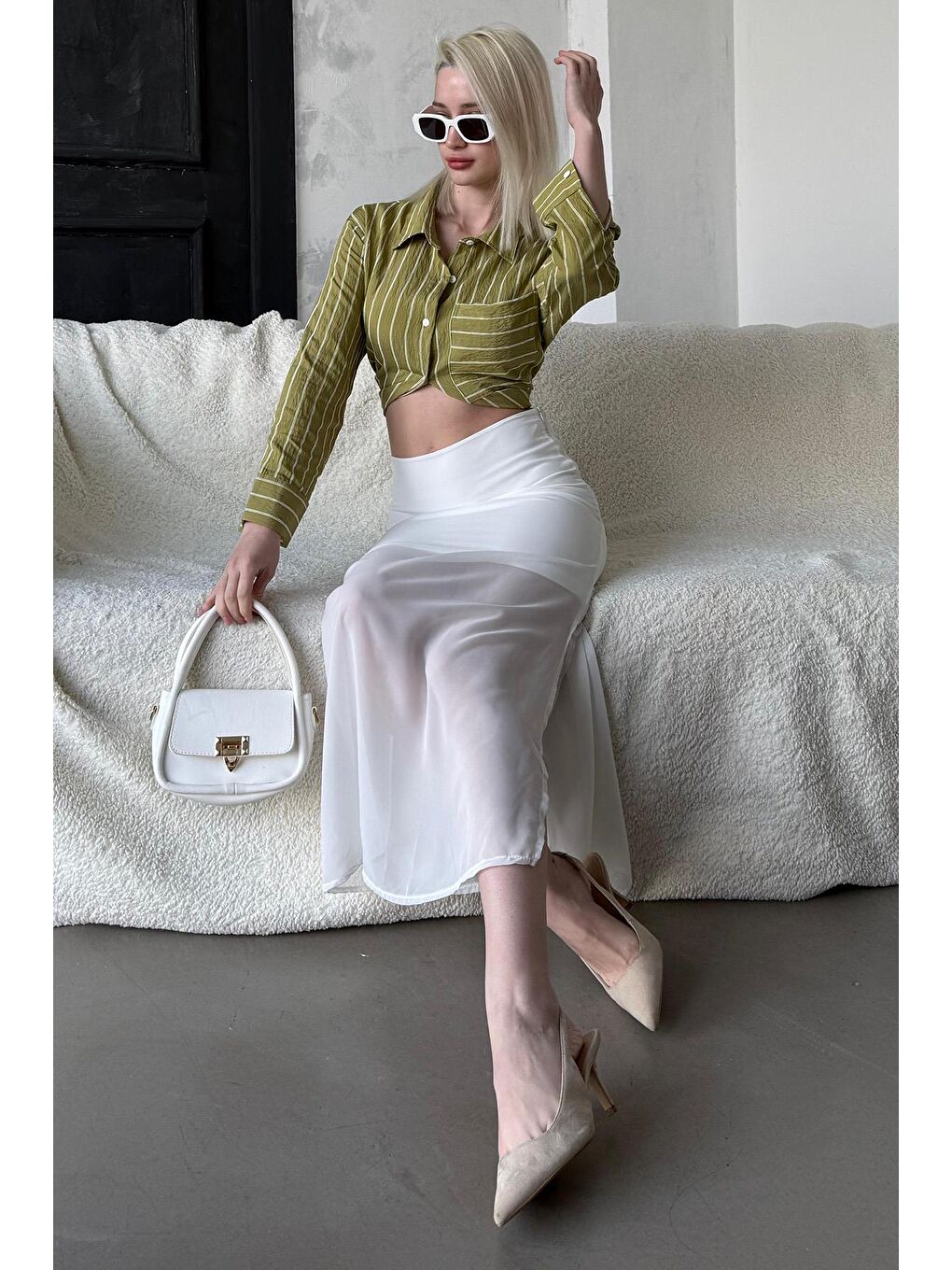 Beyaz Şifon Kadın Etek Mg2340-5