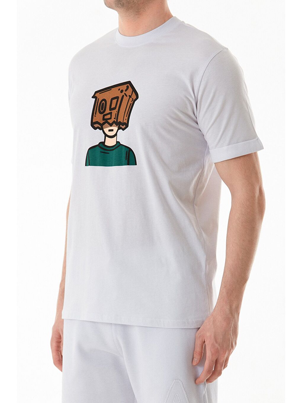 Beyaz Dijital Baskı Bisiklet Yaka Tişört-4