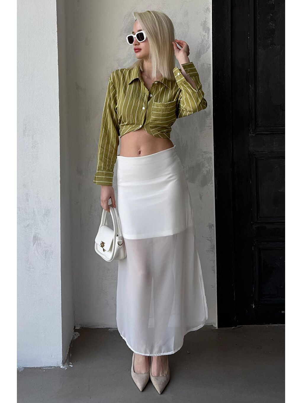 Beyaz Şifon Kadın Etek Mg2340-6