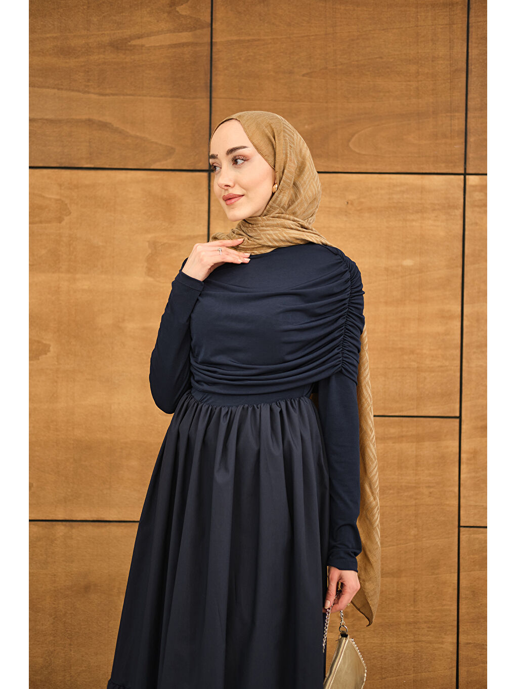 Kadın Büzgü Detaylı Sandy Poplin Elbise Lacivert-1