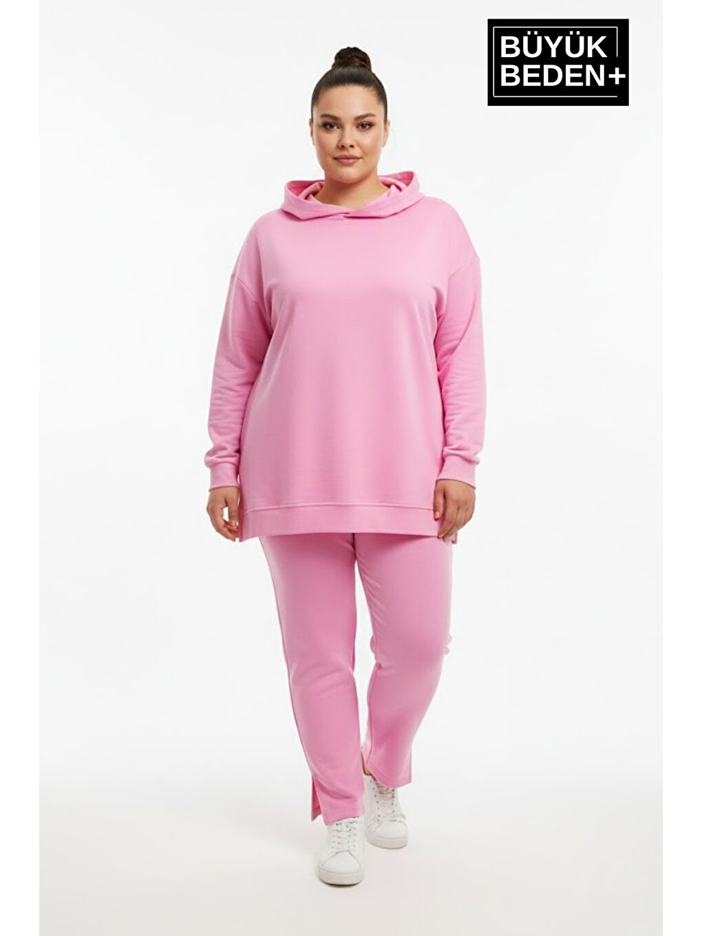 Pembe Büyük Beden Kapüşonlu Tunik Sweatshırt SPR26BTK991