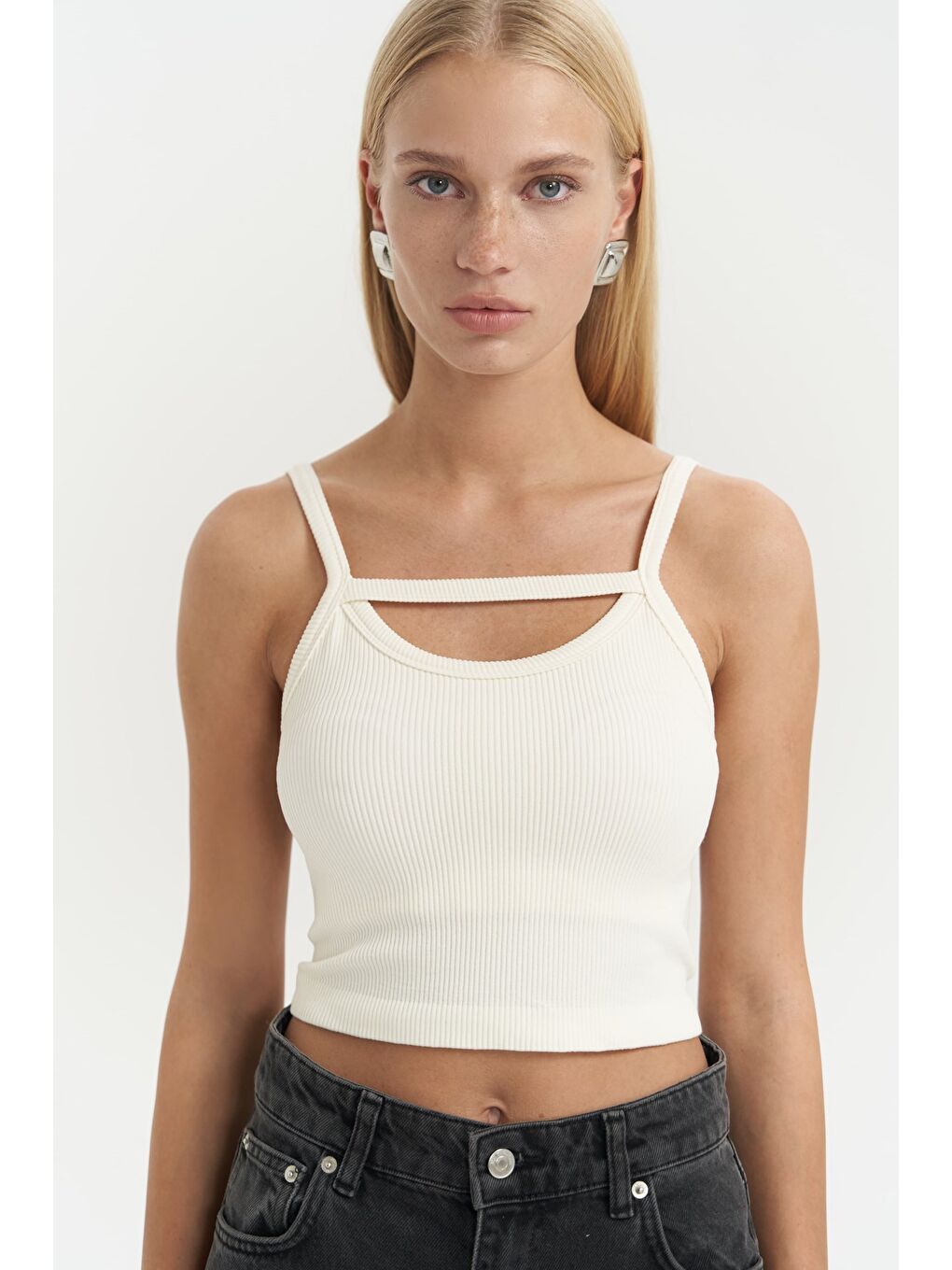 Mai Collection Noam Ekru Ön Detay Fitilli Crop - 1