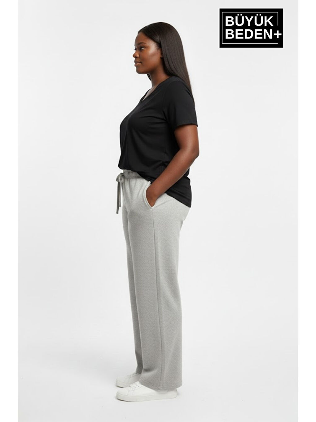 Gri Kadın Büyük Beden Rahat Kesim Lastikli Bel Paça Reçmeli Eşofman Altı SPR26EAK952-1