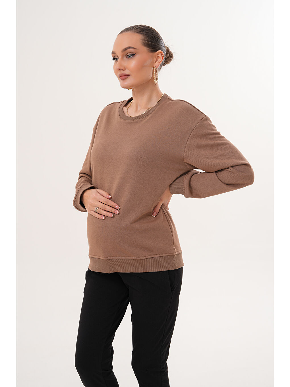 Kahverengi Bisiklet Yaka %100 Pamuk Hamile ve Lohusa Basic Sweatshirt-4