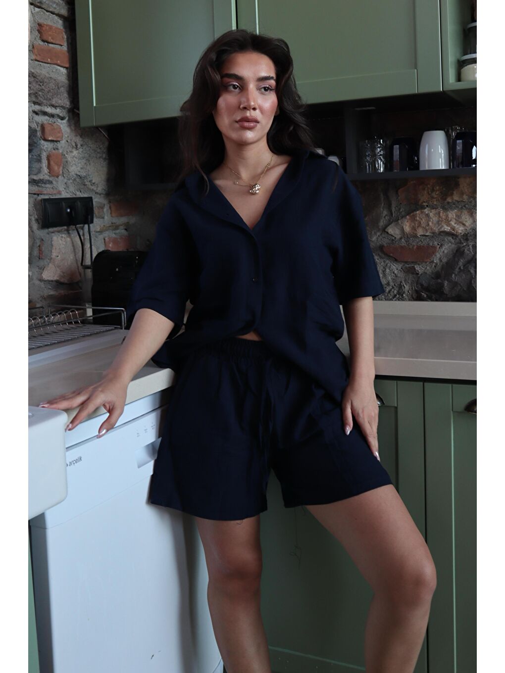 Lacivert Basic Kadın Şort Gömlek Takım Mg2361