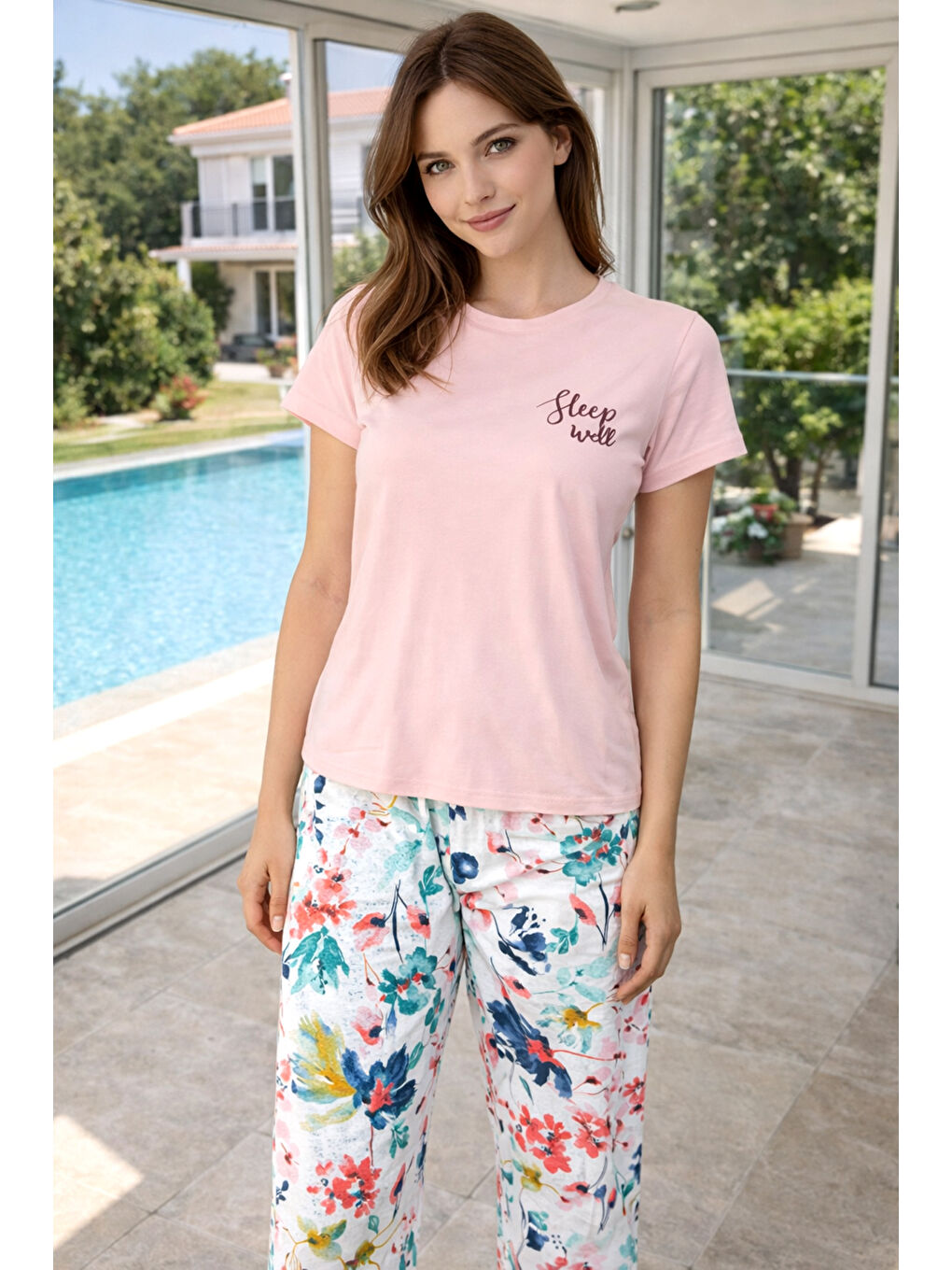 Kadın Desenli Kısa Kol Suprem Pijama Takımı 0001 Pembe03-3