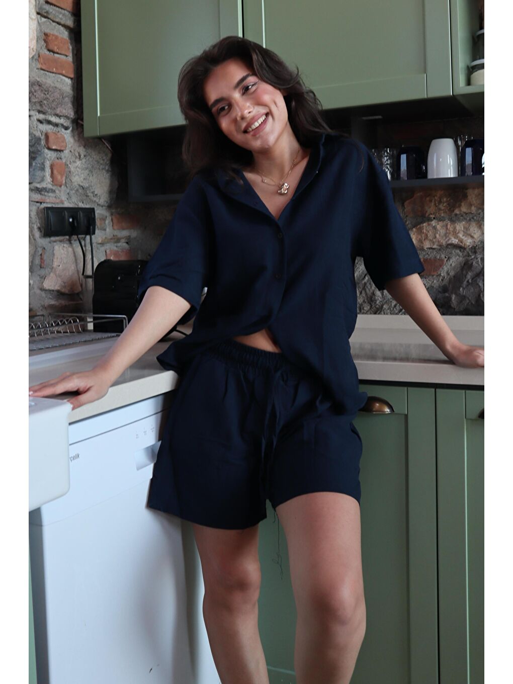 Lacivert Basic Kadın Şort Gömlek Takım Mg2361-1