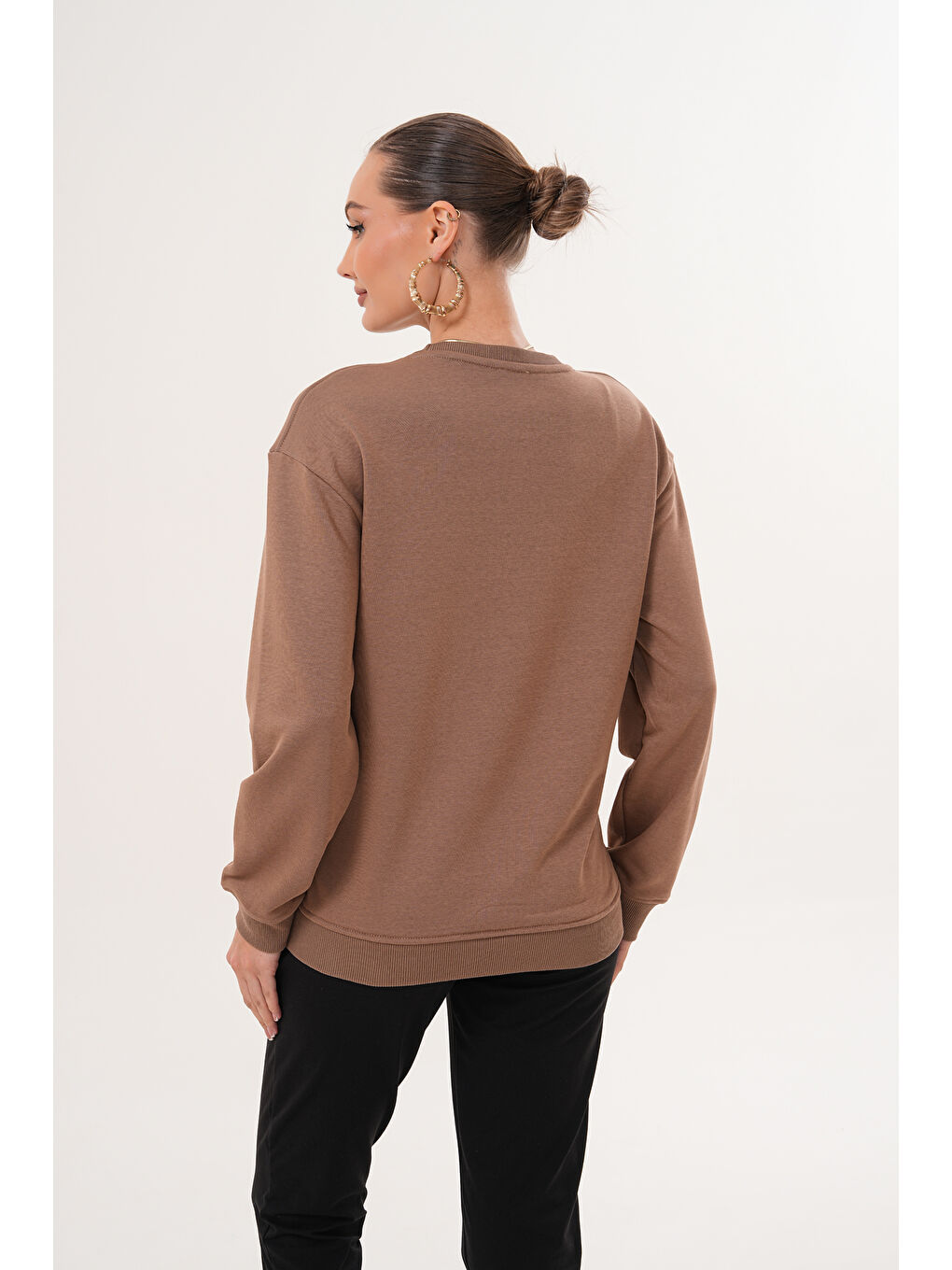 Kahverengi Bisiklet Yaka %100 Pamuk Hamile ve Lohusa Basic Sweatshirt-5