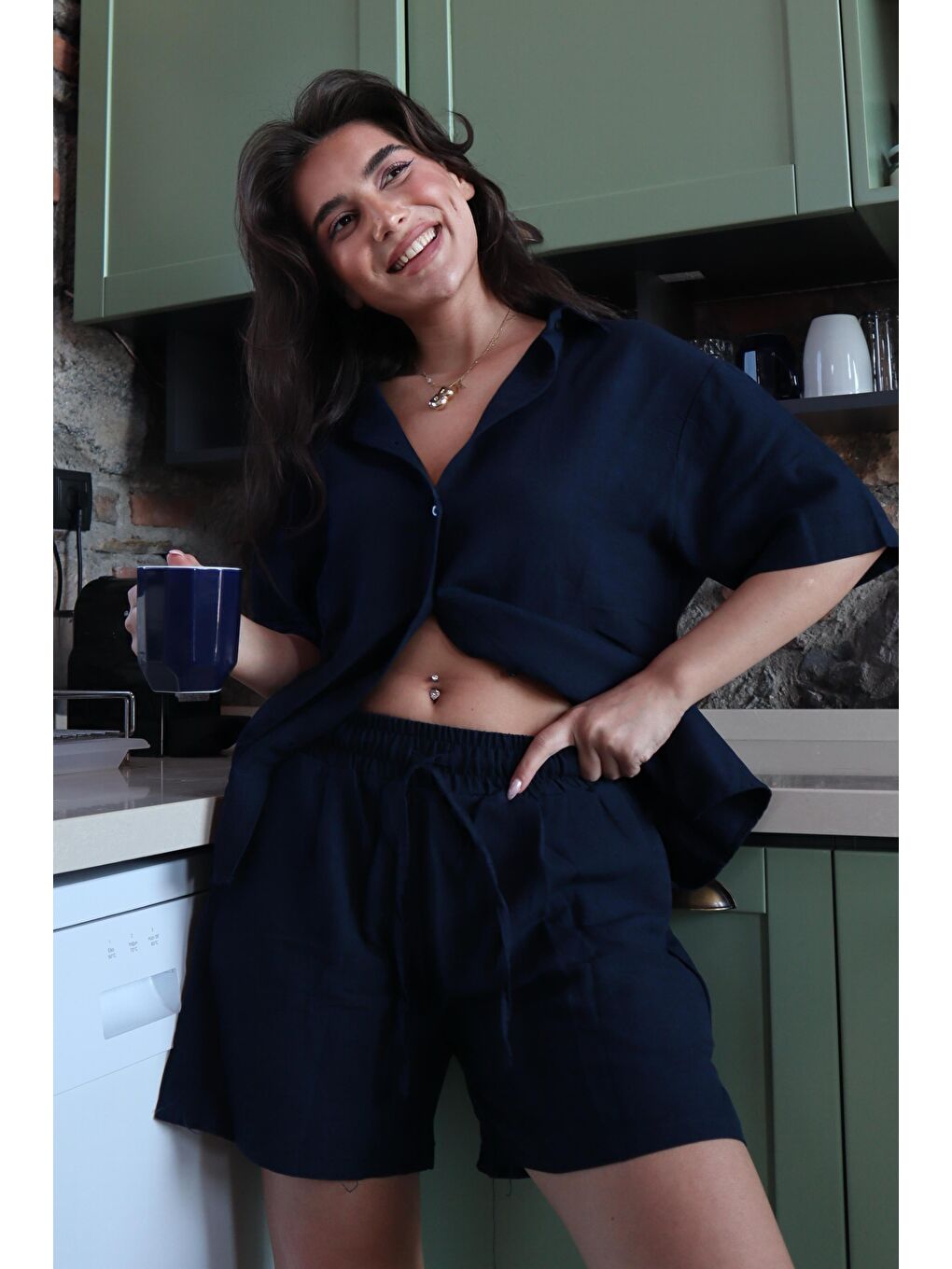 Lacivert Basic Kadın Şort Gömlek Takım Mg2361-2