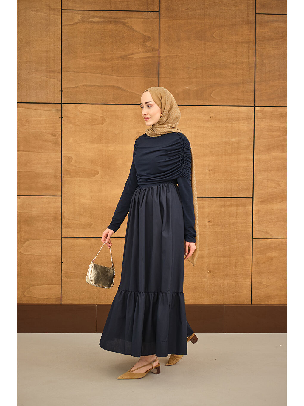 Kadın Büzgü Detaylı Sandy Poplin Elbise Lacivert-2