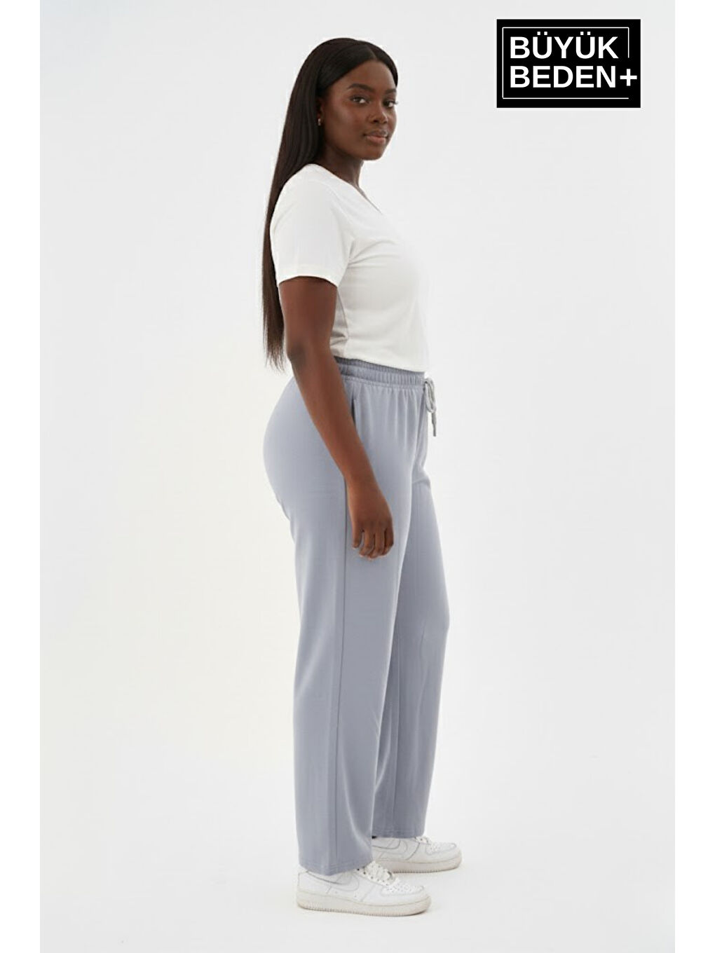 Gri Kadın Büyük Beden Rahat Kesim Lastikli Bel Paça Reçmeli Eşofman Altı SPR26EAK952-1