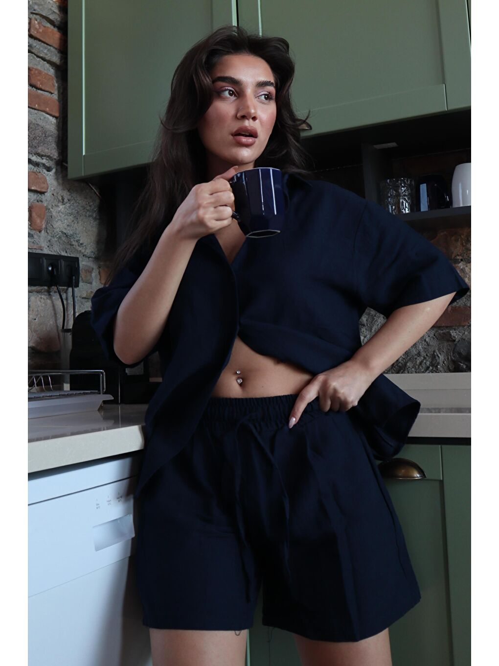 Lacivert Basic Kadın Şort Gömlek Takım Mg2361-3