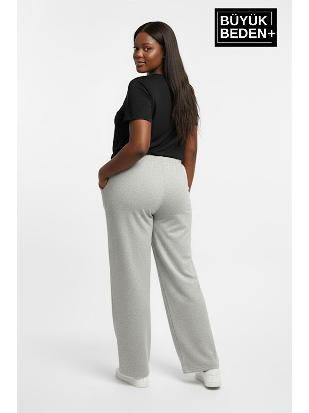 Gri Kadın Büyük Beden Rahat Kesim Lastikli Bel Paça Reçmeli Eşofman Altı SPR26EAK952-2
