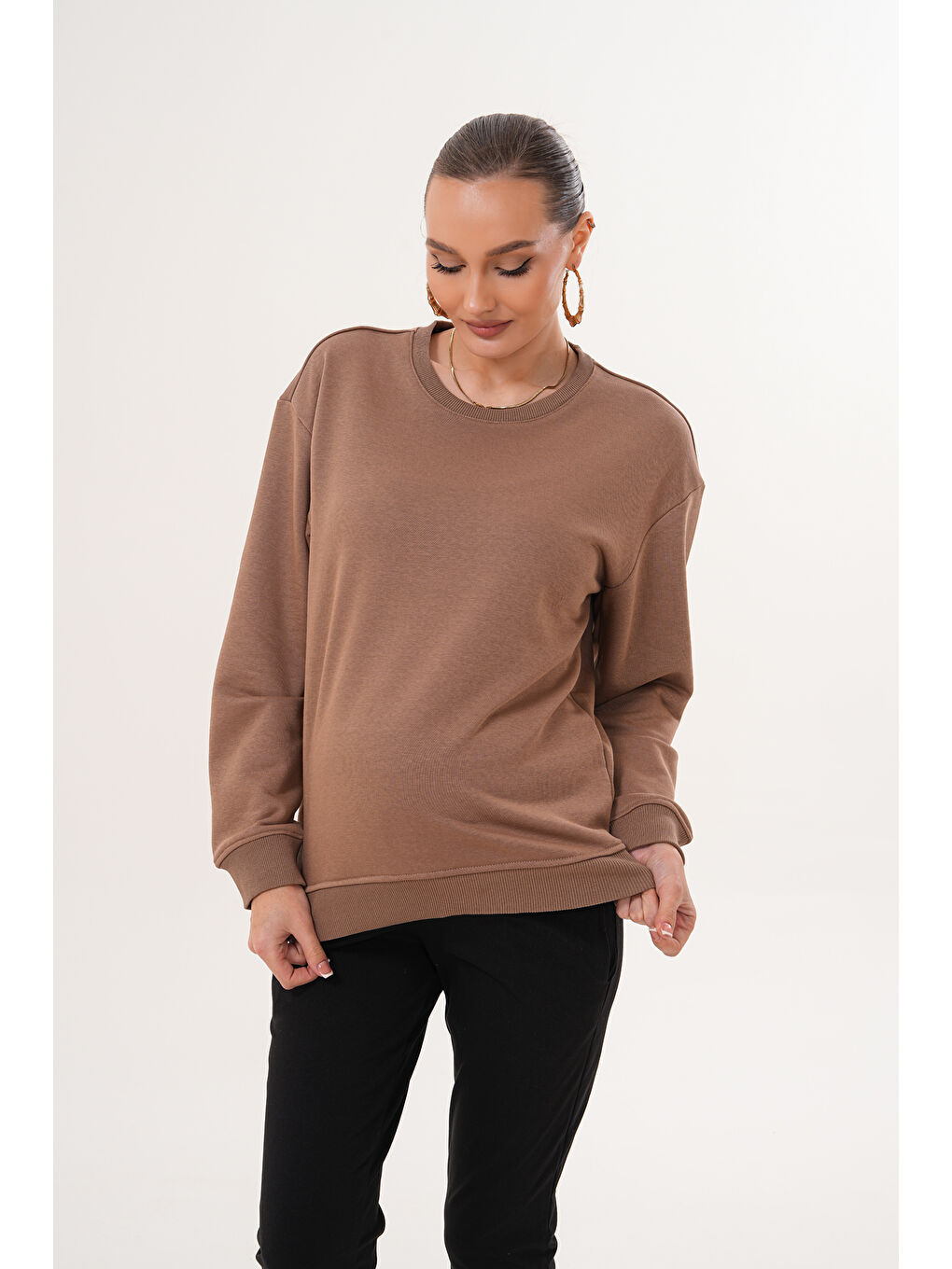 Kahverengi Bisiklet Yaka %100 Pamuk Hamile ve Lohusa Basic Sweatshirt-6