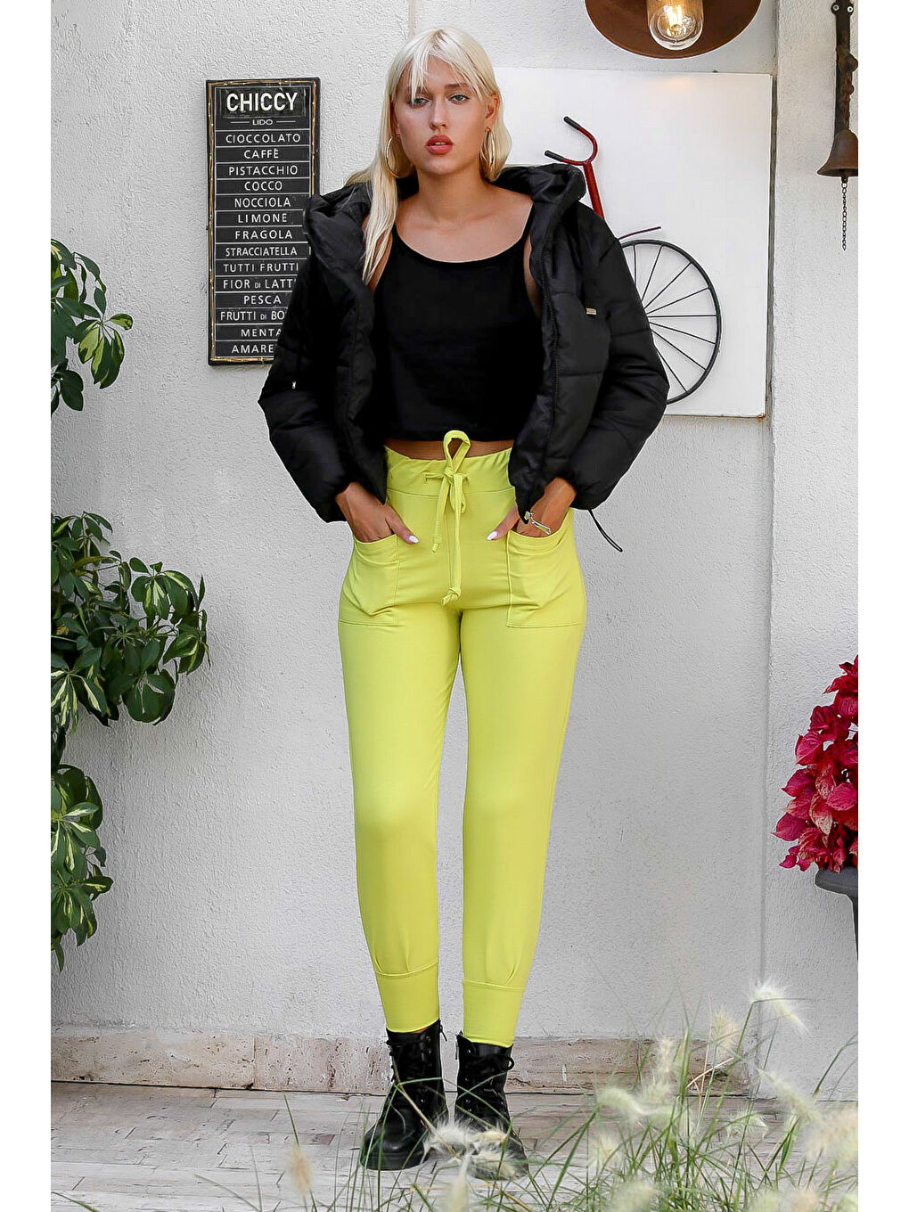 Kadın Açık Yeşil Bağlamalı Çift Cepli Standart Dar Paça Casual Pamuk Örme Pantolon-3