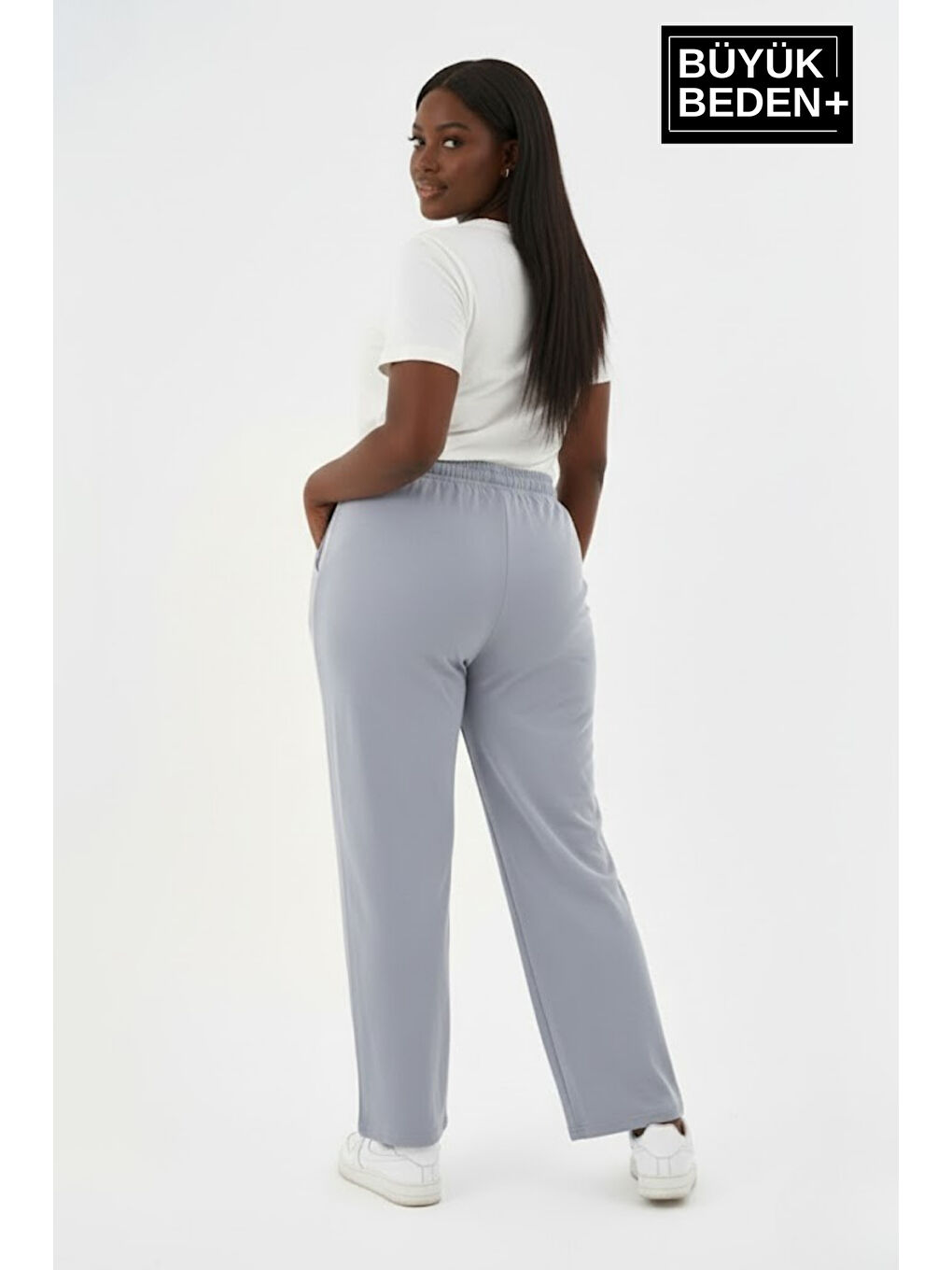 Gri Kadın Büyük Beden Rahat Kesim Lastikli Bel Paça Reçmeli Eşofman Altı SPR26EAK952-2