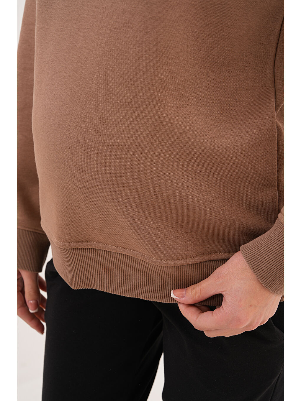 Kahverengi Bisiklet Yaka %100 Pamuk Hamile ve Lohusa Basic Sweatshirt-7