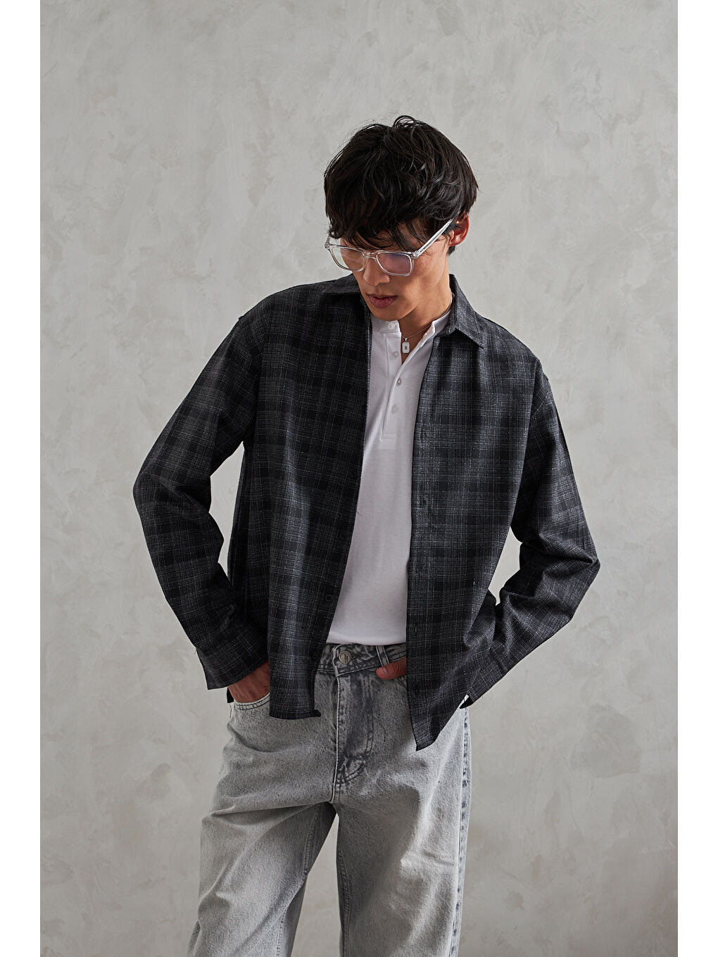 Siyah Erkek Oversize %100 Pamuk Ekose Gömlek-3