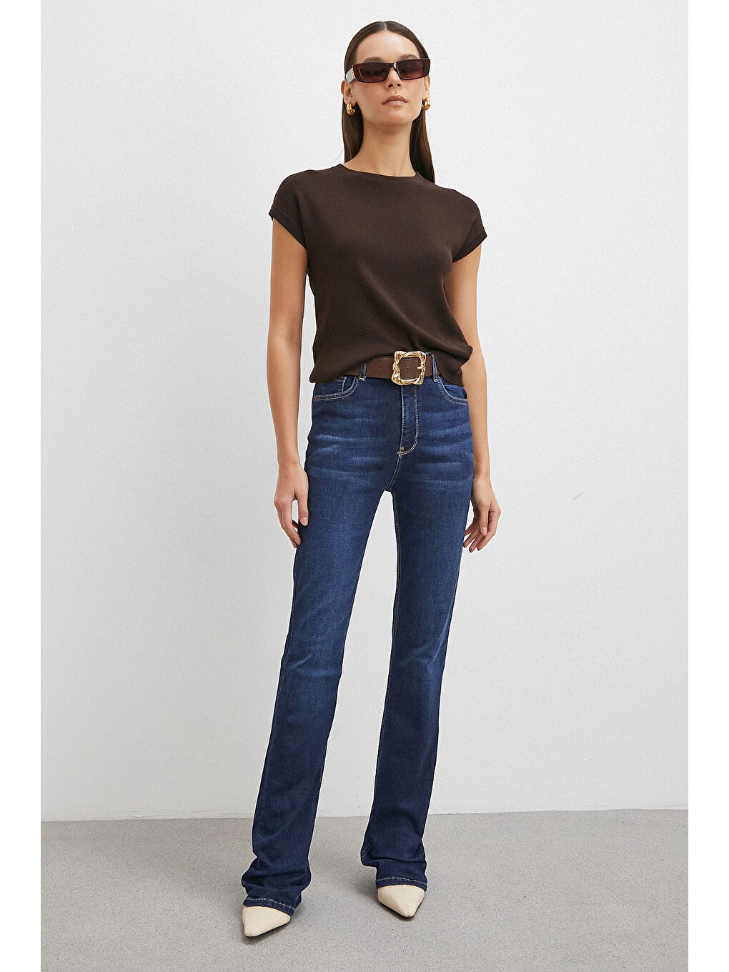 Yüksek Bel Elastanlı İspanyol Paça Jean Lacivert-1