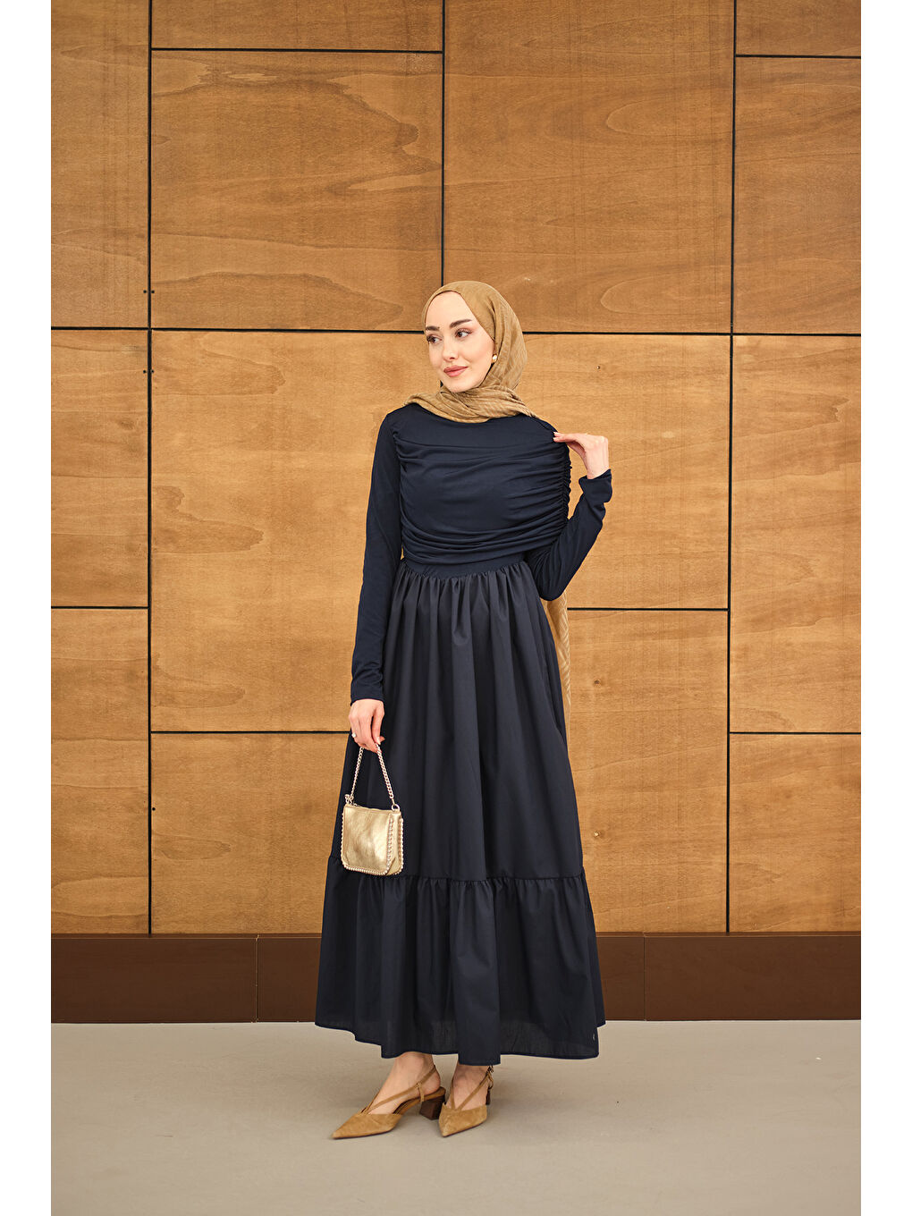 Kadın Büzgü Detaylı Sandy Poplin Elbise Lacivert-3