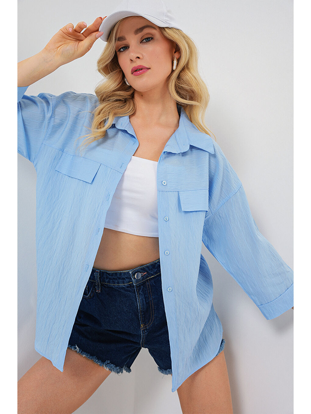 Kadın Cep Detaylı Kısa Kol Gömlek 20317 - Mavi