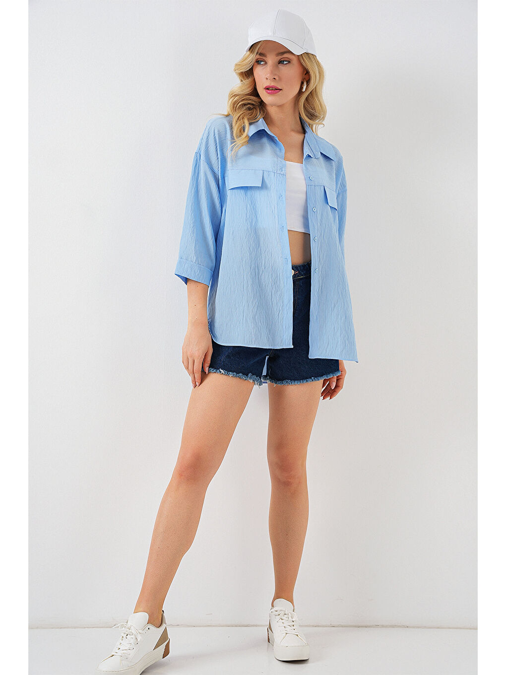 Kadın Cep Detaylı Kısa Kol Gömlek 20317 - Mavi-1