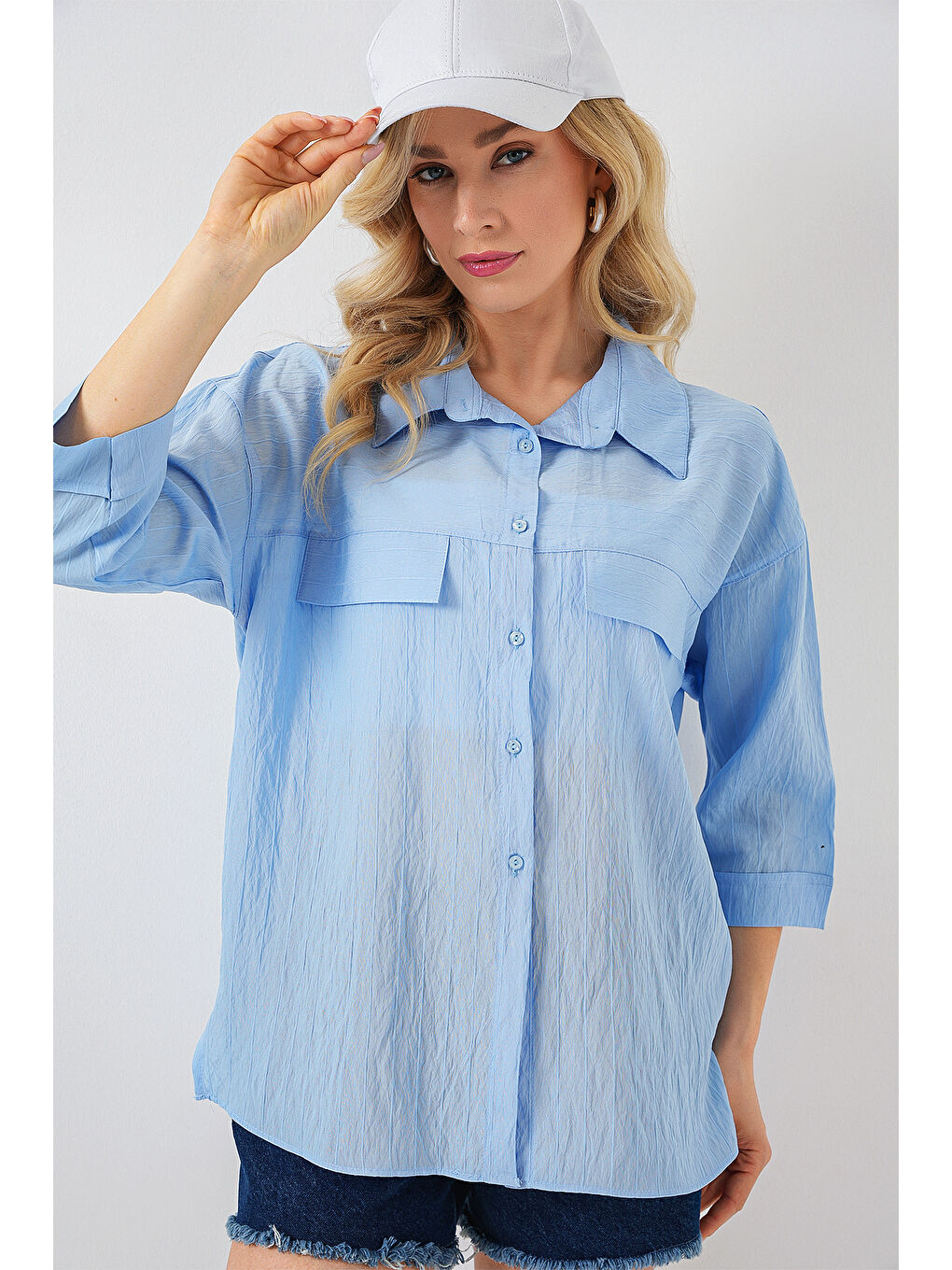 Kadın Cep Detaylı Kısa Kol Gömlek 20317 - Mavi-2