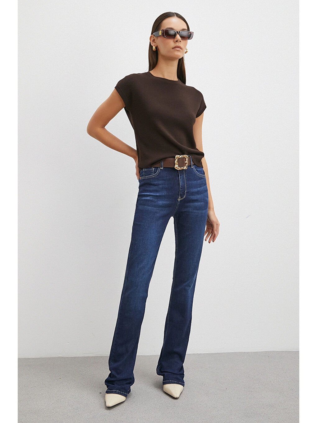 Yüksek Bel Elastanlı İspanyol Paça Jean Lacivert-2