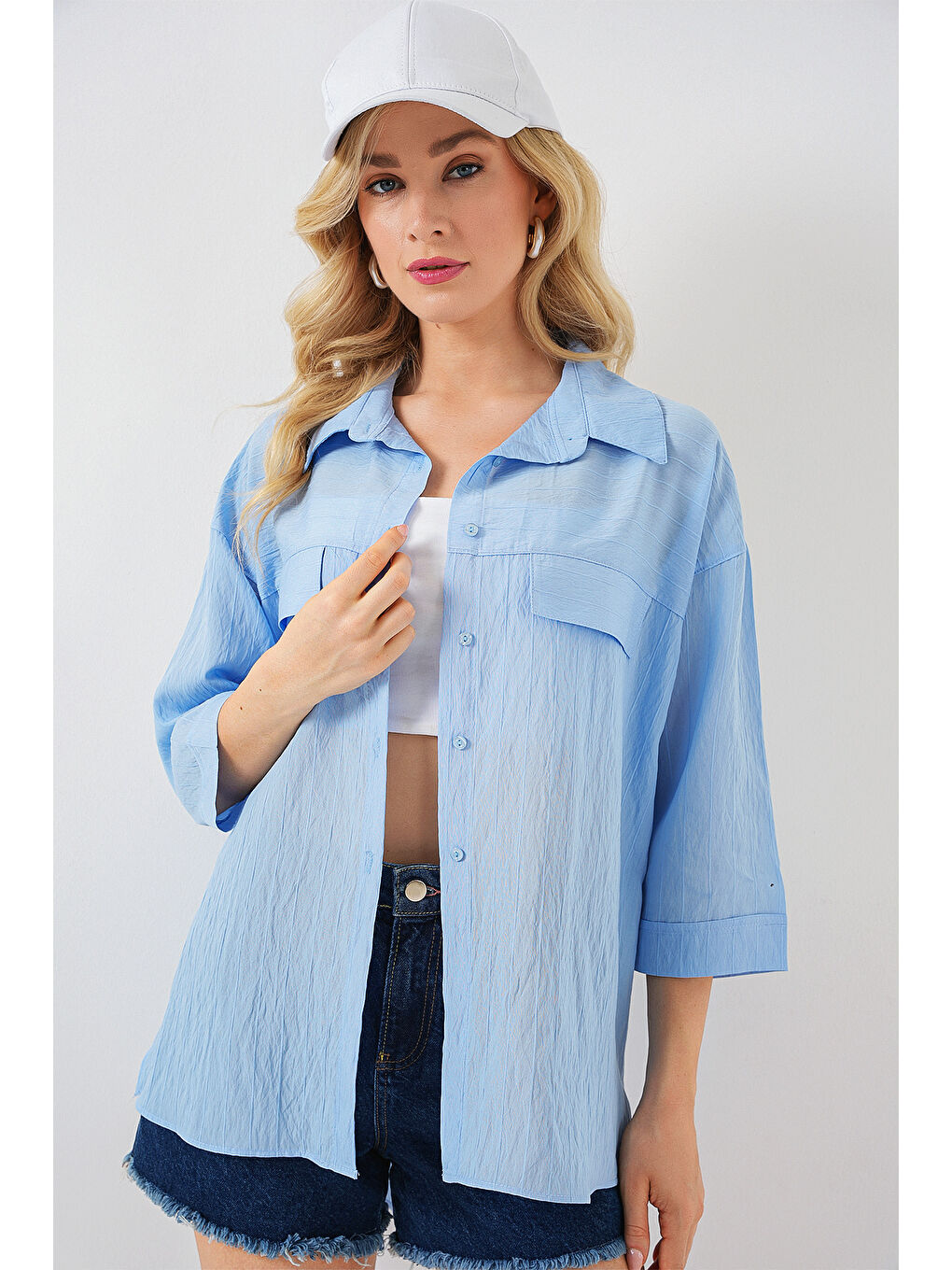 Kadın Cep Detaylı Kısa Kol Gömlek 20317 - Mavi-3